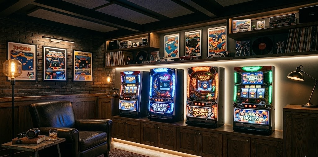 美しくライトアップされたパチンコ・パチスロ実機のある趣味部屋